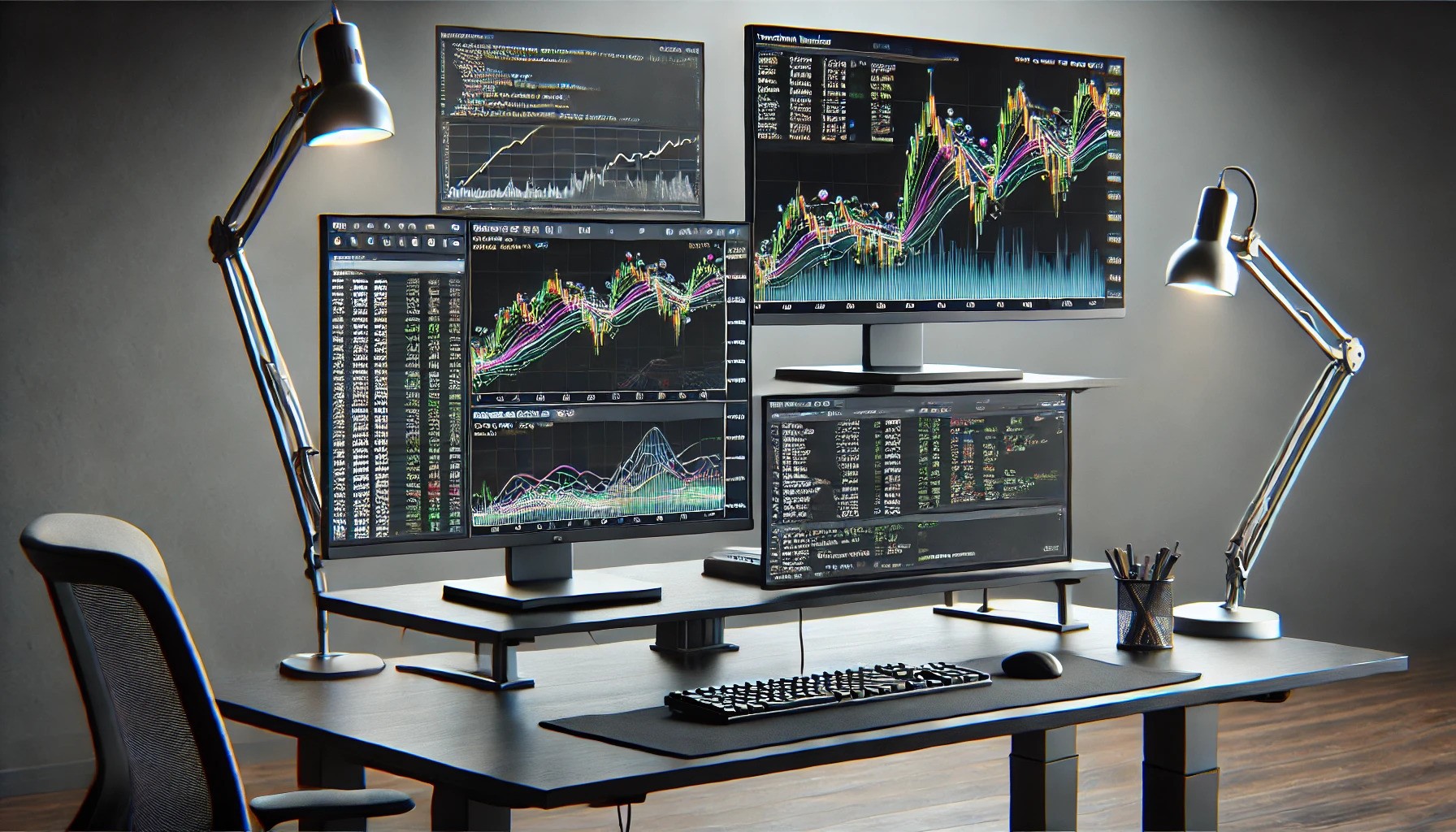 Depiction of an advanced algorithmic trading setup. The monitors display a clear high-resolution chart with stock price data and technical indicators like SMA, RSI, and Bollinger Bands, with buy and sell signals clearly marked. Another monitor shows clearly readable code for a Random Forest algorithm. The desk is modern and sleek, designed for standing use, with professional lighting, creating a high-tech trading environment.